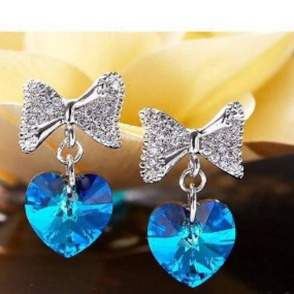Blue Crystal Swarovski Heart Earrings - Silver Ear Wires  NWT BLUE HEART BOW EARRINGS CRYSTALS BY SWAROVSKI